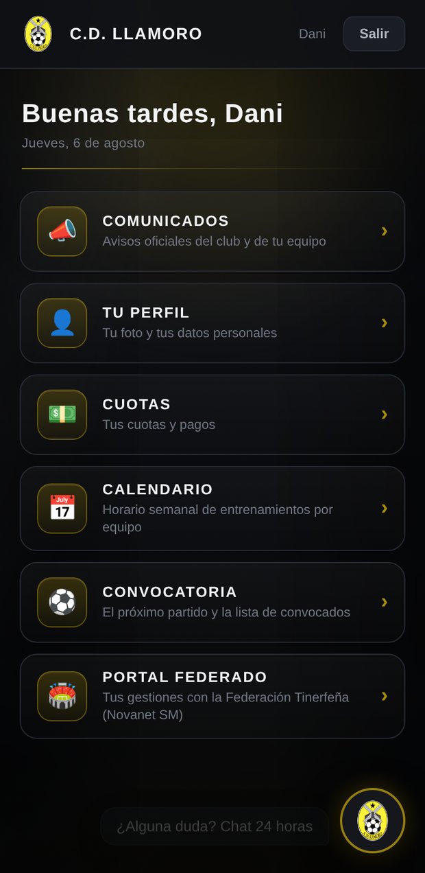App del C.D. Llamoro: módulos del club